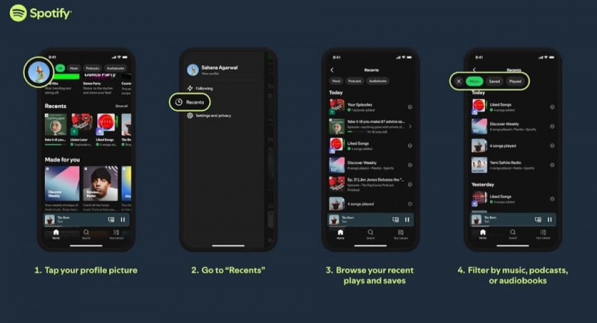 Spotify Recents tab shows your listening history off the last 90 days